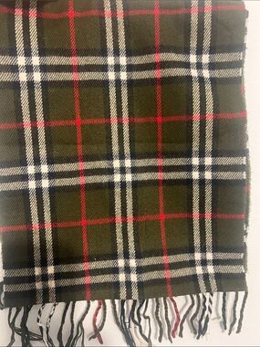 Burberry Olive Green Plaid Cashmere Scarf with Red & White Stripes